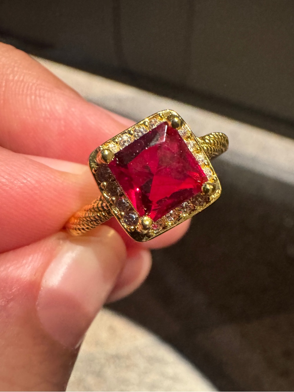 Gold-Tone Ring with Square Red Center, adjustable size